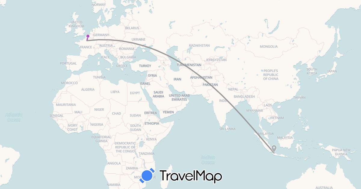 TravelMap itinerary: plane, train in France, Indonesia (Asia, Europe)